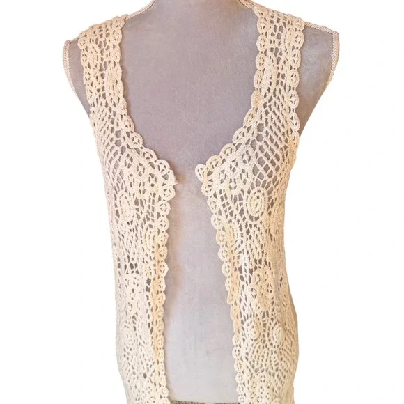 Adiva Crochet Duster Vest Womens Medium Cream Boho Fringe Longline Open Front - Picture 2 of 8